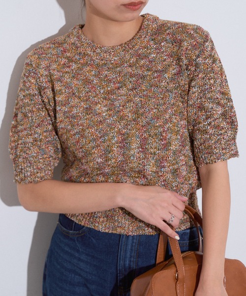 Eclat one(エクラワン)の「【Eclat one】綿タッチ ミックス糸 コンパクト サマーニット(Tシャツ/カットソー・レディース・イエロー/ブルー/ブラック・FREE)」の3枚目の写真