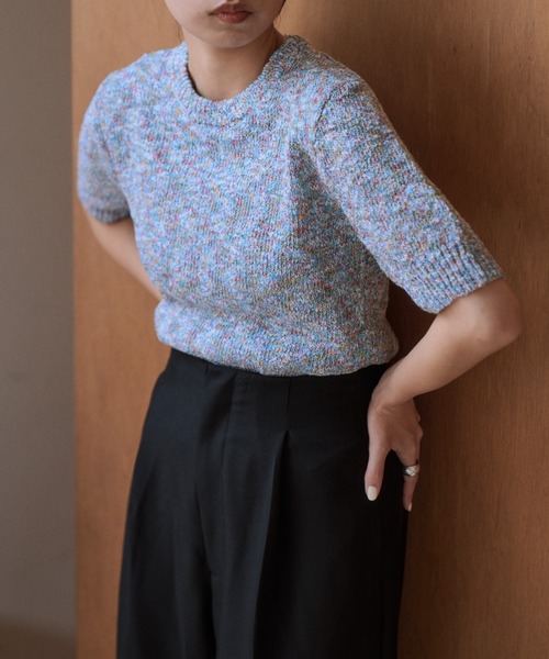 Eclat one(エクラワン)の「【Eclat one】綿タッチ ミックス糸 コンパクト サマーニット(Tシャツ/カットソー・レディース・イエロー/ブルー/ブラック・FREE)」の1枚目の写真
