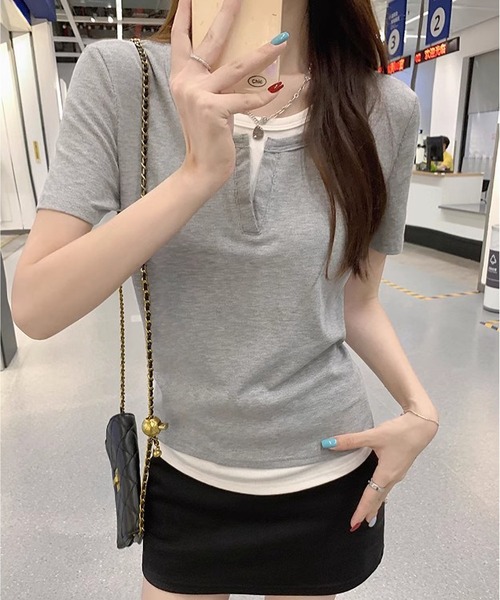 MAISON DE THERESE(メゾン ド テレーズ)の「フェイクレイヤードTシャツ(Tシャツ/カットソー・レディース・ブルー/グレー/ブラック・M/L)」の3枚目の写真
