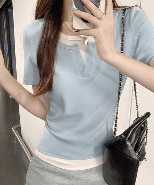 MAISON DE THERESE(メゾン ド テレーズ)の「フェイクレイヤードTシャツ(Tシャツ/カットソー・レディース・ブルー/グレー/ブラック・M/L)」の1枚目の写真