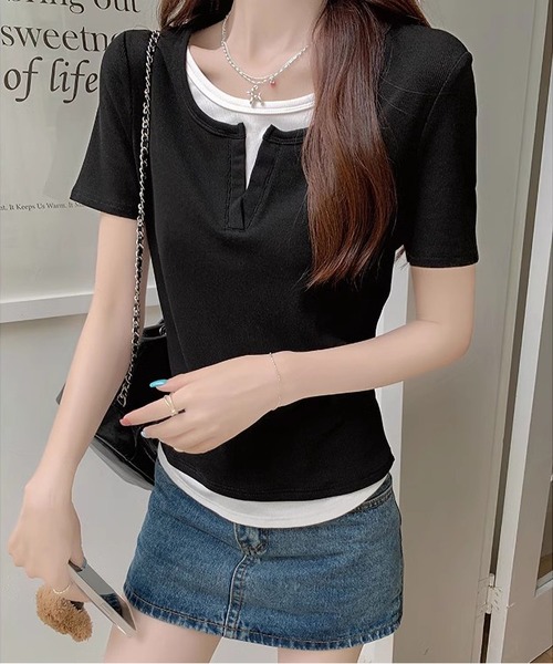 MAISON DE THERESE(メゾン ド テレーズ)の「フェイクレイヤードTシャツ(Tシャツ/カットソー・レディース・ブルー/グレー/ブラック・M/L)」の2枚目の写真