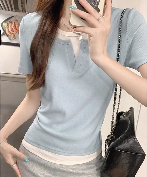 MAISON DE THERESE(メゾン ド テレーズ)の「フェイクレイヤードTシャツ(Tシャツ/カットソー・レディース・ブルー/グレー/ブラック・M/L)」の6枚目の写真