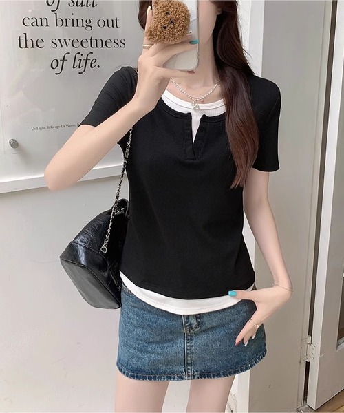 MAISON DE THERESE(メゾン ド テレーズ)の「フェイクレイヤードTシャツ(Tシャツ/カットソー・レディース・ブルー/グレー/ブラック・M/L)」の4枚目の写真