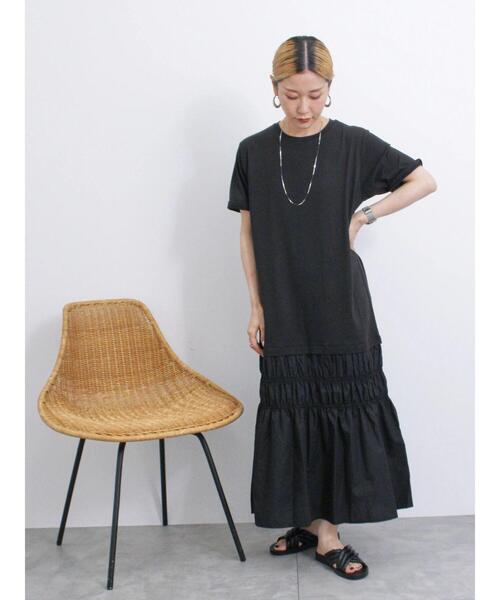 Samansa Mos2 blue（サマンサモスモスブルー）の「異素材ドッキングワンピース（ワンピース・レディース・カーキ/ブラック/チャコールグレー・F）」の2枚目の写真