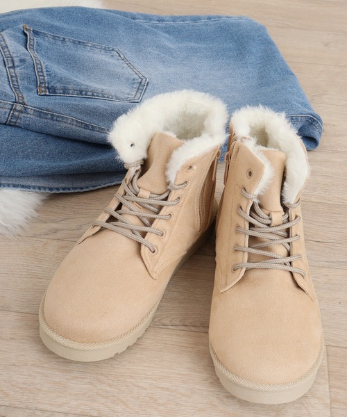 kitson(キットソン)の「KITSON キラキラ ホットフィクス フェイクムートンファー 防寒 レースアップ ブーツ(ブーツ・レディース・ブラック系その他/ベージュ/ピンク・S/M/L/LL)」の1枚目の写真