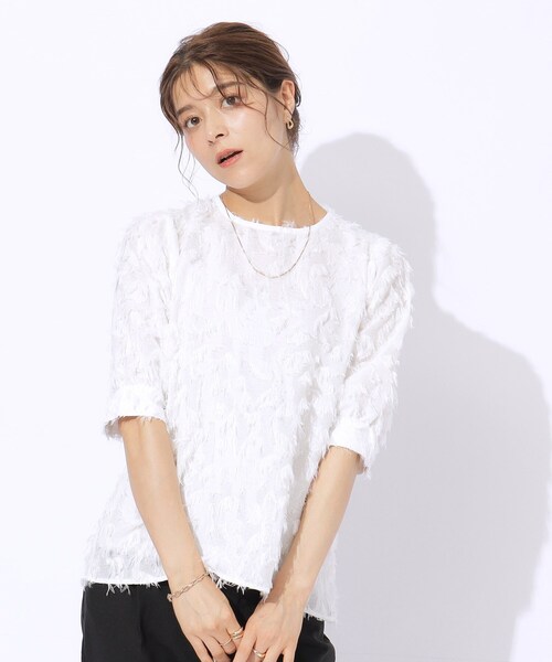 DRESKIP（ドレスキップ）の「◆【洗える】上品な甘さ フリンジ ジャカード5分袖ブラウス（シャツ/ブラウス・レディース・オフホワイト/ピンク系/ブラック・02/03/04）」の11枚目の写真