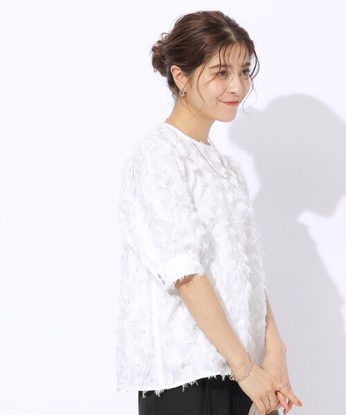 DRESKIP（ドレスキップ）の「◆【洗える】上品な甘さ フリンジ ジャカード5分袖ブラウス（シャツ/ブラウス・レディース・オフホワイト/ピンク系/ブラック・02/03/04）」の10枚目の写真