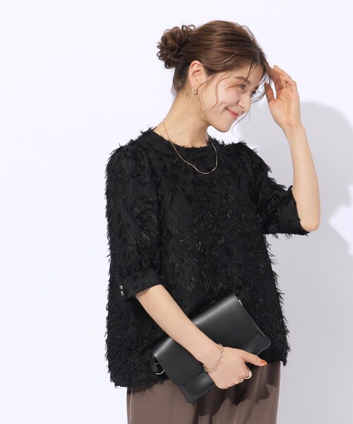 DRESKIP（ドレスキップ）の「◆【洗える】上品な甘さ フリンジ ジャカード5分袖ブラウス（シャツ/ブラウス・レディース・オフホワイト/ピンク系/ブラック・02/03/04）」の7枚目の写真