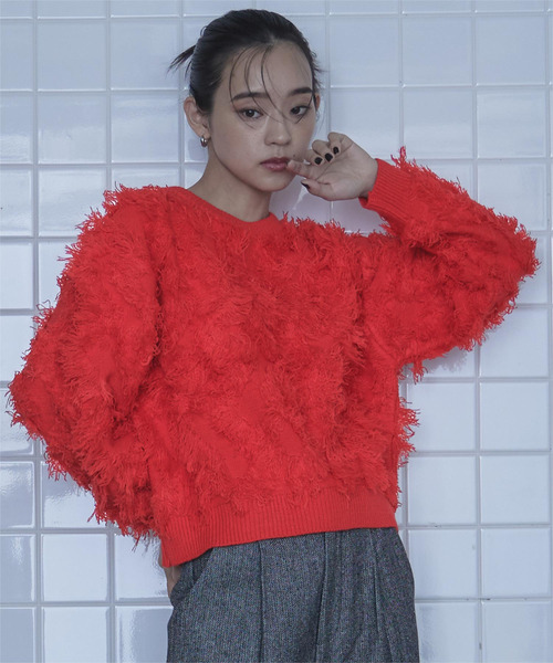 miette(ミエット)の「クルーネックフリンジニット(ニット/セーター・レディース・ライム/レッド/ブラック・FREE)」の1枚目の写真