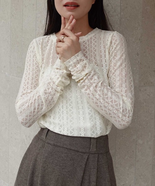 CORNERS（コーナーズ）の「ストレッチレースロンT（Tシャツ/カットソー・レディース・ブラック/アイボリー・M）」の5枚目の写真