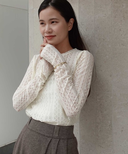 CORNERS（コーナーズ）の「ストレッチレースロンT（Tシャツ/カットソー・レディース・ブラック/アイボリー・M）」の6枚目の写真