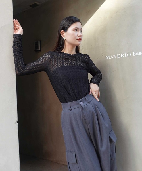 CORNERS（コーナーズ）の「ストレッチレースロンT（Tシャツ/カットソー・レディース・ブラック/アイボリー・M）」の9枚目の写真