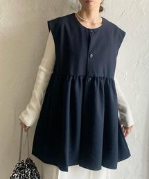 切り替えギャザーフレアペプラムジレベストトップス