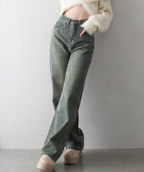 セール】デニムスタッズストレートパンツ（デニムパンツ）｜SpRay