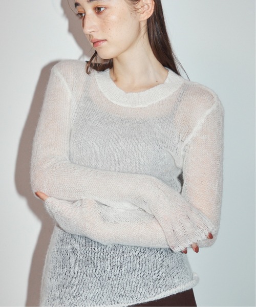 MOCOA'S(モコアズ)の「透かし編みニットトップス(ニット/セーター・レディース・グレー/ホワイト/ベージュ・FREE)」の2枚目の写真