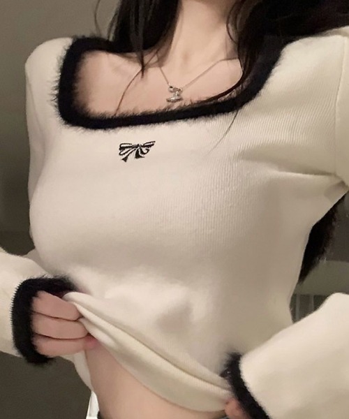 Vipoa(ヴィポア)の「ribbon刺繍 スクエアネックニットトップス(Tシャツ/カットソー・レディース・ホワイト/ブラック/ピンク・FREE)」の6枚目の写真