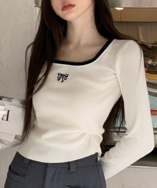 Vipoa(ヴィポア)の「ribbon刺繍 スクエアネックニットトップス(Tシャツ/カットソー・レディース・ホワイト/ブラック/ピンク・FREE)」の22枚目の写真