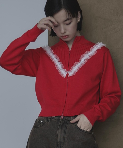 miette（ミエット）の「レースフリルダブルジップカーディガン（カーディガン/ボレロ・レディース・グレー/ネイビー/レッド・FREE）」の3枚目の写真