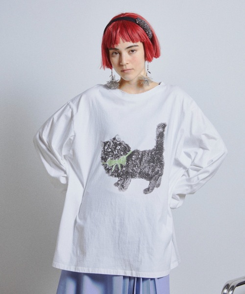 manana suerte(マニャーナスエルテ)の「CATプリントロングスリーブTシャツ(Tシャツ/カットソー・レディース・ホワイト・FREE)」の2枚目の写真