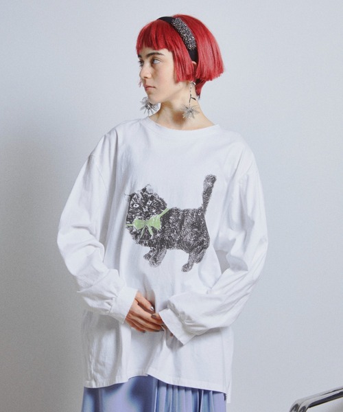 manana suerte(マニャーナスエルテ)の「CATプリントロングスリーブTシャツ(Tシャツ/カットソー・レディース・ホワイト・FREE)」の3枚目の写真