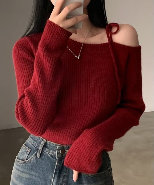 WEGO（ウィゴー）の「WEGO/リボンオフショルタイトニット（ニット/セーター・レディース・レッド/ブラック/アイボリー・FREE）」の16枚目の写真