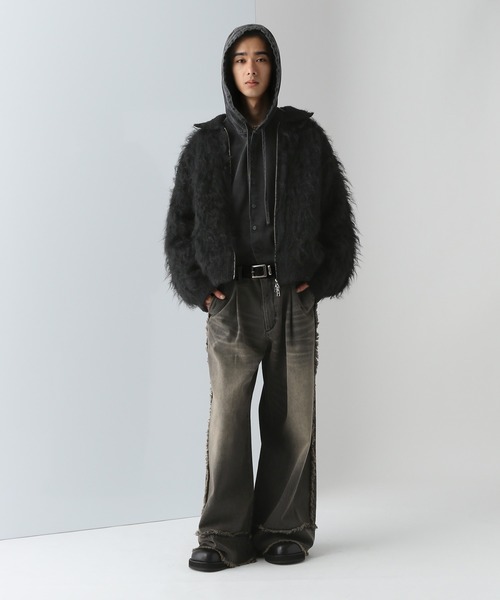 HARE（ハレ）の「パーマシャギーニットブルゾン(HARE)（カーディガン/ボレロ・メンズ・ブラック/レッド・FREE）」の4枚目の写真