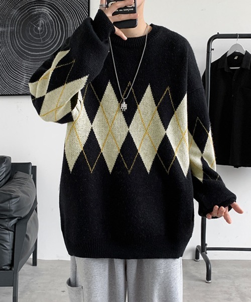 NOWLE（ノウル）の「【NOWLE】アーガイル柄 プルオーバー ニット（ニット/セーター・メンズ・ネイビー/ブラック・MEDIUM/LARGE/X-LARGE）」の3枚目の写真