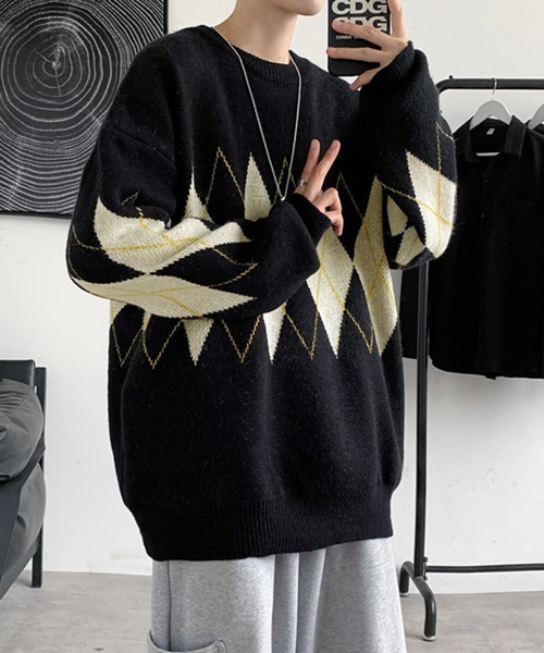 NOWLE（ノウル）の「【NOWLE】アーガイル柄 プルオーバー ニット（ニット/セーター・メンズ・ネイビー/ブラック・MEDIUM/LARGE/X-LARGE）」の6枚目の写真