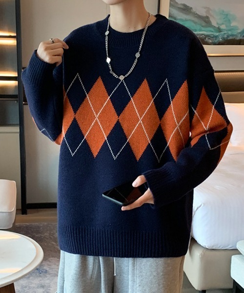 NOWLE（ノウル）の「【NOWLE】アーガイル柄 プルオーバー ニット（ニット/セーター・メンズ・ネイビー/ブラック・MEDIUM/LARGE/X-LARGE）」の10枚目の写真