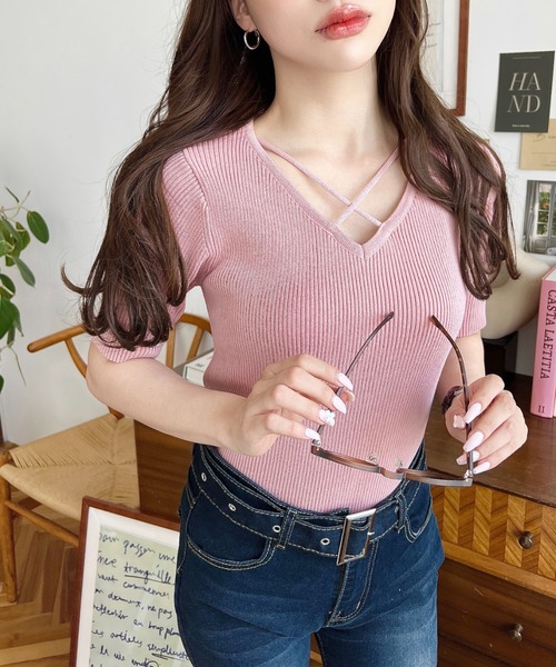 セール】クロスストラップSS半袖リブニットプルオーバー（ニット