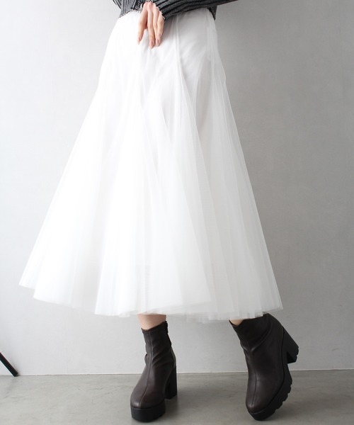 新品タグ付き　チュールスカート ロングスカート　シフォン　ホワイト DAY CLOSET スカート ふんわりシフォンのシアーチュールスカート