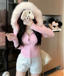 neneaxes femme ファー使いフード付きカーディガン　Y2K gossip!ロサンゼルス パーカー 「Y2Kガーリー」フェザーニットフーディ