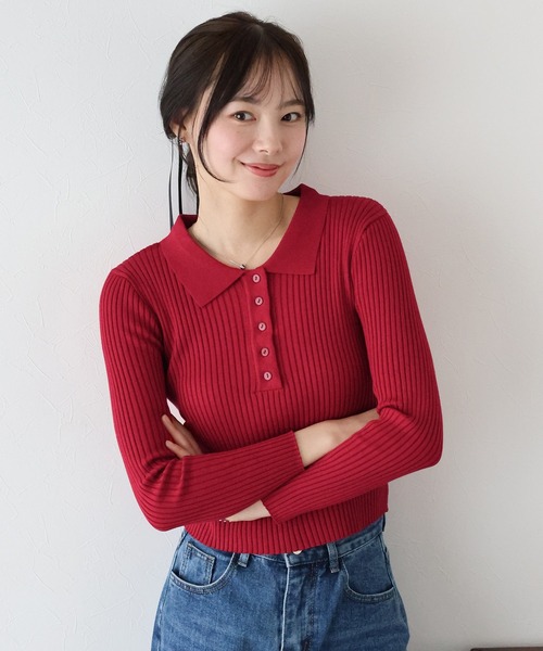 BLUEEAST（ブルーイースト）の「ポロ衿リブニット（ニット/セーター・レディース・レッド/グレー/ブラック/ベージュ・MEDIUM）」の4枚目の写真