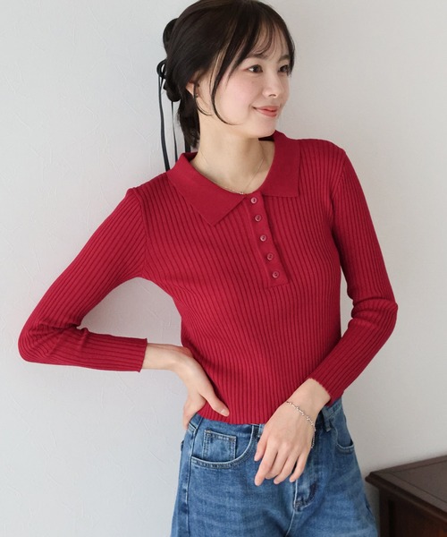 BLUEEAST（ブルーイースト）の「ポロ衿リブニット（ニット/セーター・レディース・レッド/グレー/ブラック/ベージュ・MEDIUM）」の12枚目の写真