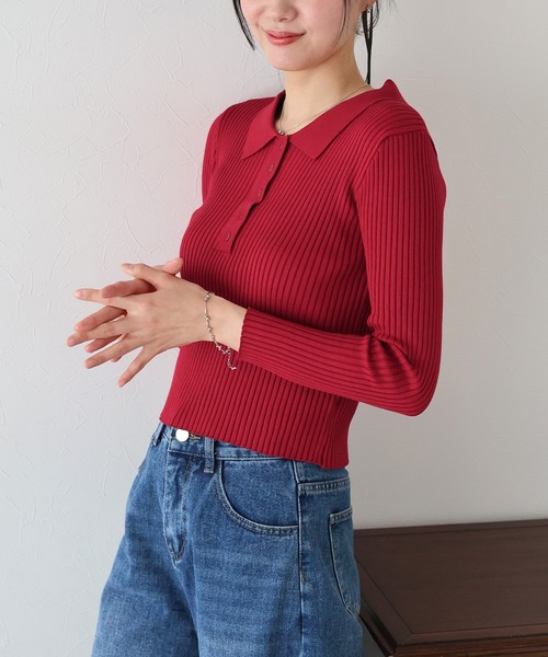 BLUEEAST（ブルーイースト）の「ポロ衿リブニット（ニット/セーター・レディース・レッド/グレー/ブラック/ベージュ・MEDIUM）」の13枚目の写真