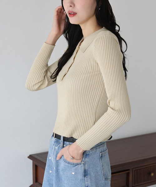 BLUEEAST（ブルーイースト）の「ポロ衿リブニット（ニット/セーター・レディース・レッド/グレー/ブラック/ベージュ・MEDIUM）」の18枚目の写真