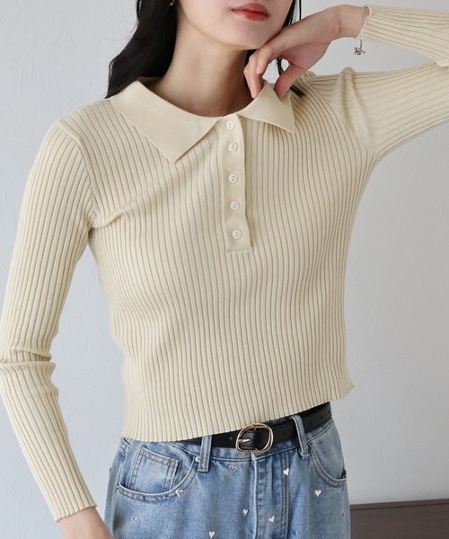 BLUEEAST（ブルーイースト）の「ポロ衿リブニット（ニット/セーター・レディース・レッド/グレー/ブラック/ベージュ・MEDIUM）」の17枚目の写真