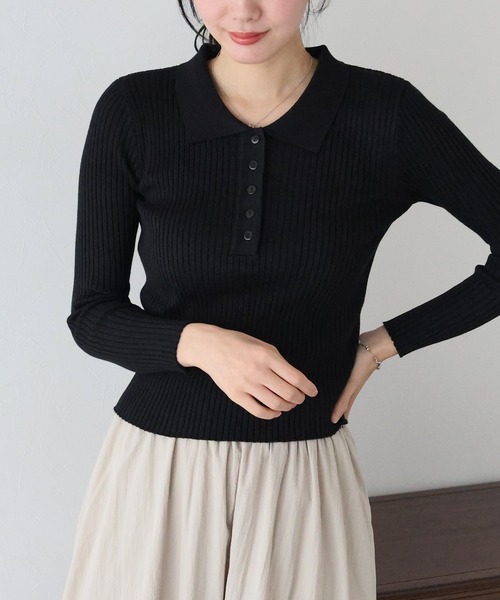 BLUEEAST（ブルーイースト）の「ポロ衿リブニット（ニット/セーター・レディース・レッド/グレー/ブラック/ベージュ・MEDIUM）」の6枚目の写真