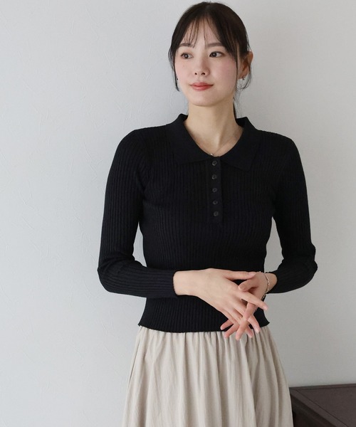 BLUEEAST（ブルーイースト）の「ポロ衿リブニット（ニット/セーター・レディース・レッド/グレー/ブラック/ベージュ・MEDIUM）」の10枚目の写真