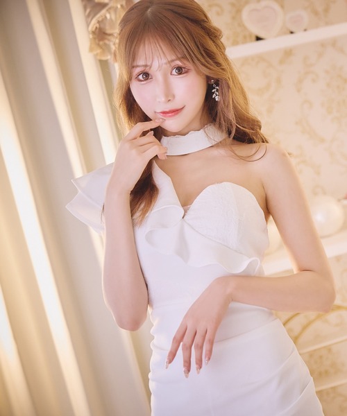 Tika(ティカ)の「キャバドレス ミニ フレア タイト ワンショルダーレース切り替えバストドレス(ドレス・レディース・ブラック/ホワイト・L/M/S/XL/XS)」の4枚目の写真