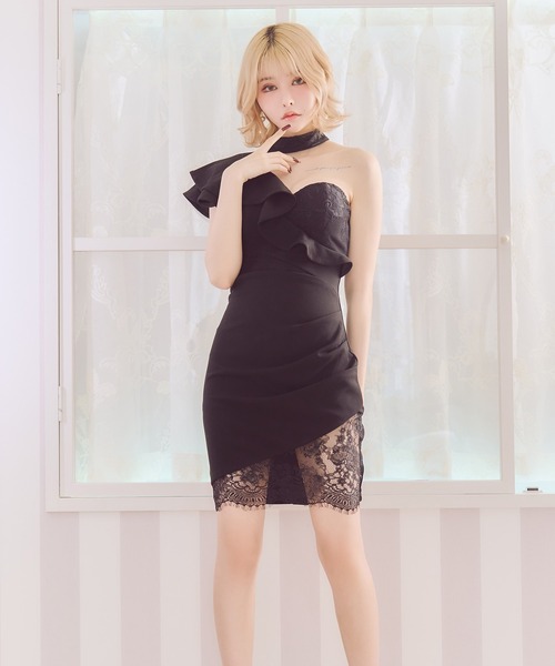 Tika(ティカ)の「キャバドレス ミニ フレア タイト ワンショルダーレース切り替えバストドレス(ドレス・レディース・ブラック/ホワイト・L/M/S/XL/XS)」の14枚目の写真