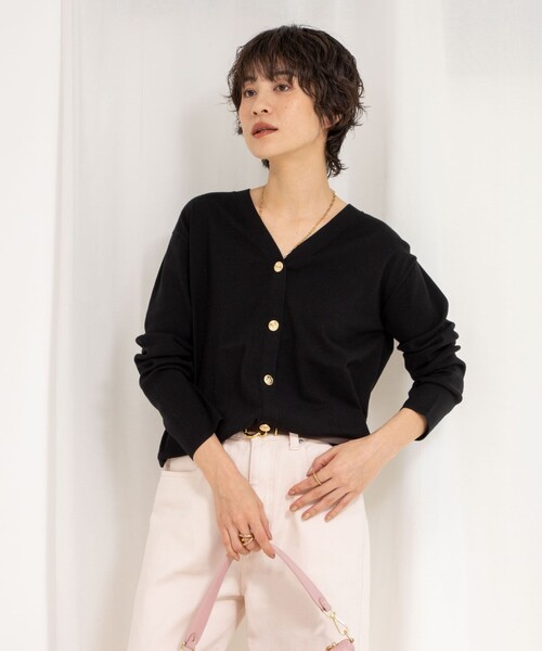 美品　25SS　Rie Miller　洗える 金ボタンVネックカーディガン　黒 リエミラー Rie Miller 《手洗い可能》金ボタンVネック
