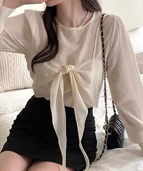 VIVID LADY(ビビッドレディー)の「2way Ribbon Camisole Blouse SET / 2点セットリボンキャミソール ブラウス(シャツ/ブラウス・レディース・アイボリー/ブラック/ライトブルー/ピンク・FREE)」の2枚目の写真