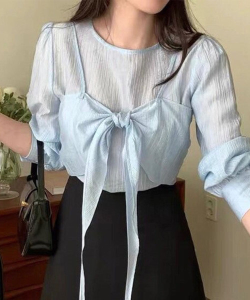 VIVID LADY(ビビッドレディー)の「2way Ribbon Camisole Blouse SET / 2点セットリボンキャミソール ブラウス(シャツ/ブラウス・レディース・アイボリー/ブラック/ライトブルー/ピンク・FREE)」の1枚目の写真