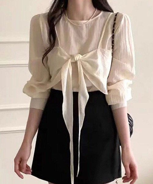 VIVID LADY(ビビッドレディー)の「2way Ribbon Camisole Blouse SET / 2点セットリボンキャミソール ブラウス(シャツ/ブラウス・レディース・アイボリー/ブラック/ライトブルー/ピンク・FREE)」の7枚目の写真