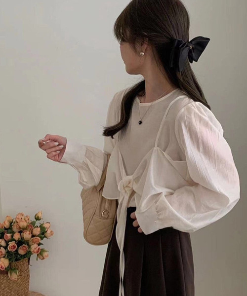 VIVID LADY(ビビッドレディー)の「2way Ribbon Camisole Blouse SET / 2点セットリボンキャミソール ブラウス(シャツ/ブラウス・レディース・アイボリー/ブラック/ライトブルー/ピンク・FREE)」の9枚目の写真