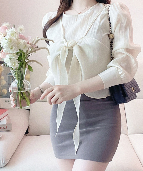VIVID LADY(ビビッドレディー)の「2way Ribbon Camisole Blouse SET / 2点セットリボンキャミソール ブラウス(シャツ/ブラウス・レディース・アイボリー/ブラック/ライトブルー/ピンク・FREE)」の13枚目の写真