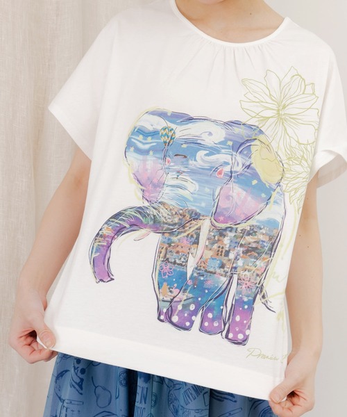 ScoLar(スカラー)の「751002:地中海ゾウ柄 アートプリントTシャツ(Tシャツ/カットソー・レディース・オフホワイト/チャコールグレー・M)」の10枚目の写真