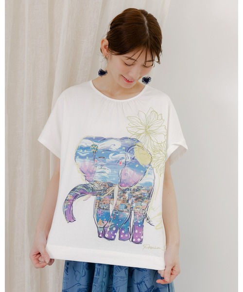 ScoLar(スカラー)の「751002:地中海ゾウ柄 アートプリントTシャツ(Tシャツ/カットソー・レディース・オフホワイト/チャコールグレー・M)」の13枚目の写真
