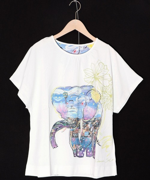 ScoLar(スカラー)の「751002:地中海ゾウ柄 アートプリントTシャツ(Tシャツ/カットソー・レディース・オフホワイト/チャコールグレー・M)」の21枚目の写真